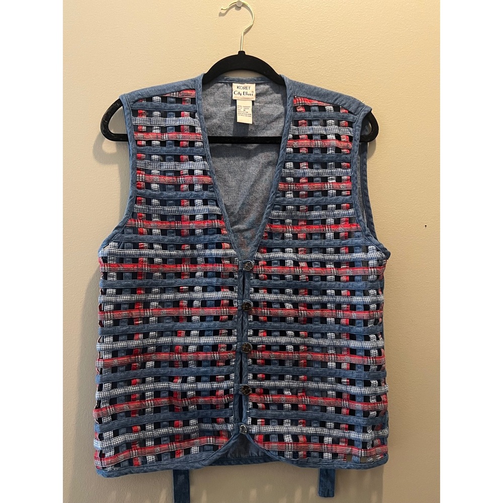 Koret City Blues Denim Vest Womens Medium Blue Red Plaid Excellent Lattice Woven